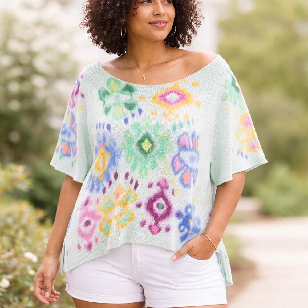 Anthropologie Mint Pastel Ikat-Print Scoop Neck Sweater